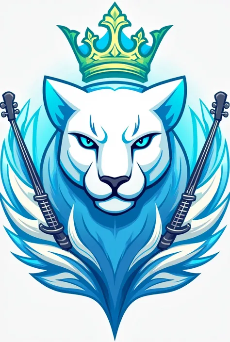 A logo for my group that says the leopard Deyvi and its force g that has a bright white leopard with a light blue ensima with its crown also that has musical instruments on the sides 
Of light blue and blue and white and lemon green 