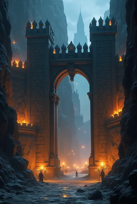 Massive Dwarven fortress city with big doors deep below the earth AT NIGHT with torches.