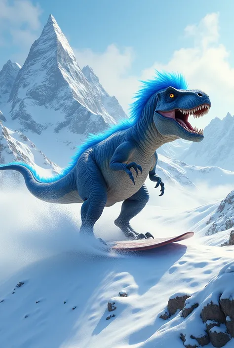 Draw me a tiranausaurus with blue hair who is surfing on the snow in the mountains 