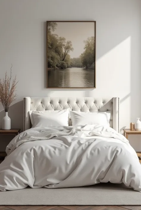 realistic bedding mockup, modern bedding mock up, white chesterfield bed mockup, 2 pillows on the bed with sheet, two night stands and painting on the wall, beautiful european style bedroom background, natural romantic colors
