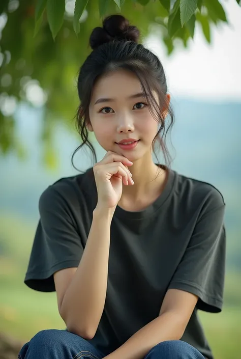 Up close, a young Korean woman, beautiful, clean face, updo hair, sitting under a shady tree with a cool morning panorama, wearing a dark gray t-shirt, denim pants, rubber sandals, right hand holding her lips, very realistic photo .