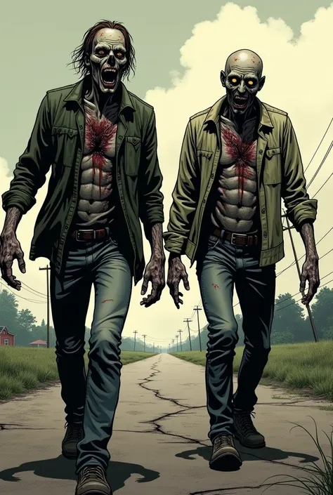 2 zombie of the walking dead, the zombie apocalypse thematic, comic drawing style, HD, very detailed, in the background a road.