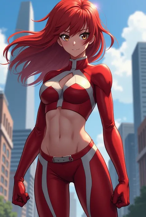  My Hero Academia Style ,   anime girl , woman, young woman ,  full body shot ,( Fighting Stance :1.3),Long Hair, Red Hair,   Brown Eyes , hero suit, Full Body Suit,  red suit with white details, perfect anatomy,  enhanced abs , super detailed,(building:1....