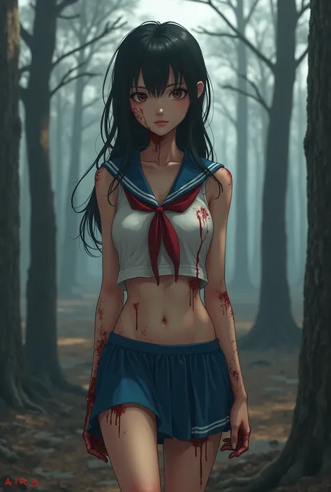 Japanese girl, 18 years old, detailed, masterpiece, incredibly beautiful, thin, fit, covered in ash and blood, small breasts, long hair, eye makeup, in a burned out forest. Wearing a short blue sailor kirt, and white crop top.