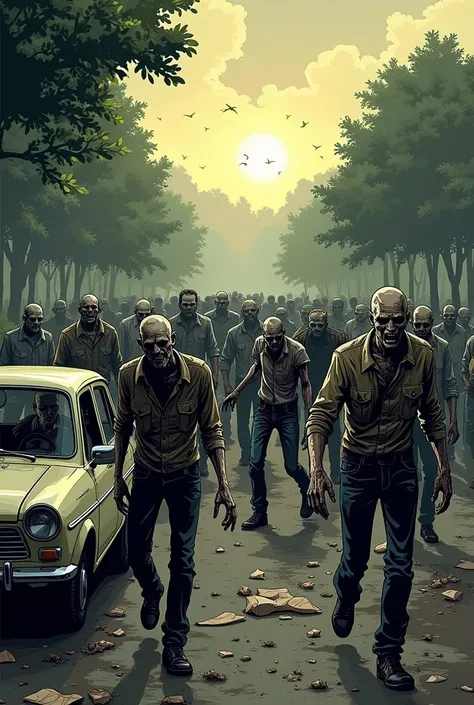 zombies of the walking dead, the zombie apocalypse thematic, comic drawing style, HD, very detailed, in the background a park.