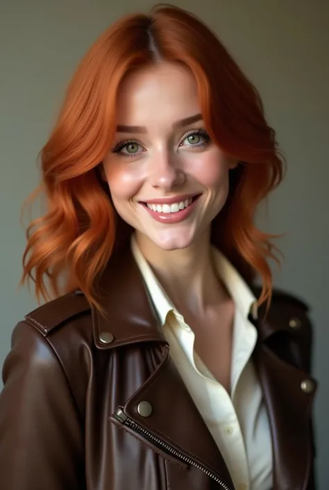 Make an image of a beautiful red-haired woman with green eyes ,  wearing a dark brown leather jacket and a white blouse inside, smiling.