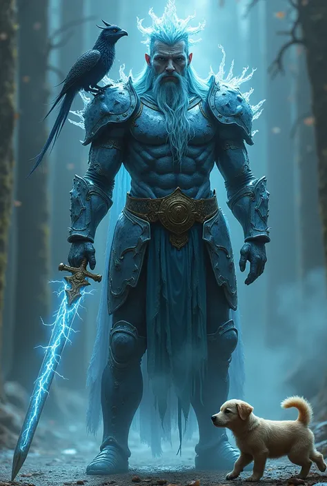 A tall male character wearing armor made of water with a dark aura, a chimera behind a puppy or on the characters shoulder, and a medieval weapon, such as a sword or a lightning bolt 