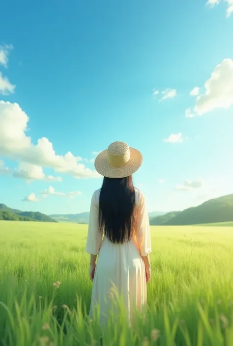 A detailed photo of a lush green meadow under a blue sky filled with soft white clouds. A beautiful woman korean with long black hair stands gracefully in the middle of the grass, wearing a woven straw hat and a short modern silk dress in a soft pastel col...