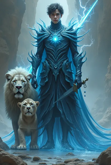 A tall male character with a youthful appearance and armor made of water with a dark aura, a chimera, a lion behind a cub or on the characters shoulder, and a medieval weapon, such as a sword or a lightning bolt 