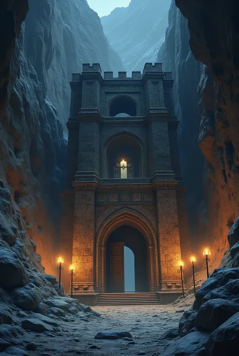 Massive Dwarven fortress with big doors deep inside a mountain AT NIGHT with torches.