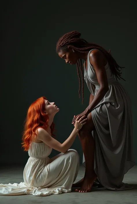 A red head girl is under another black girl’s feet, red head girl is worshipping his goddess by bowing, takes a realistic photo