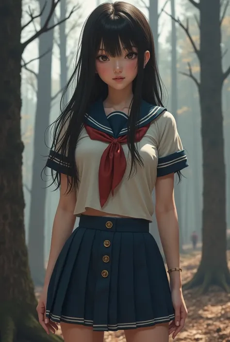 Japanese girl, 18 years old, detailed, masterpiece, beautiful, wearing short navy blue sailor skirt and tight button blouse, ash on face, small breasts, long hair, eye makeup, in a burnt out forest. 