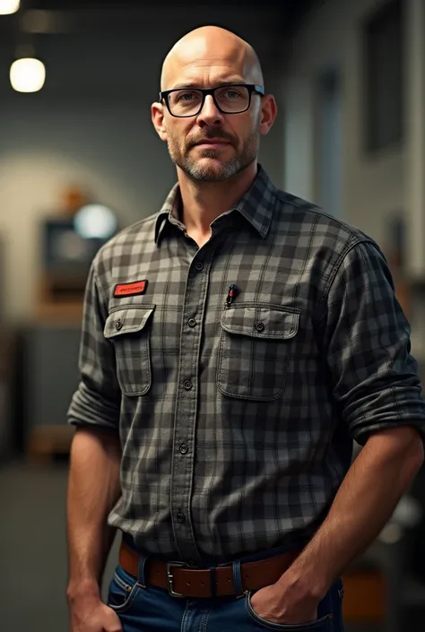  Mr. 45 years old , tall ,  slim muscular ,  athletic , bald ,   rectangular glasses,  workwear ,  plaid shirt ,  oblong face 