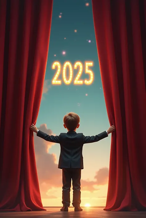 Image of small boy dressed in suit opening a theatre curtain to reveal the year 2025 in a way to act as a teaser for new years eve on a flyer. 