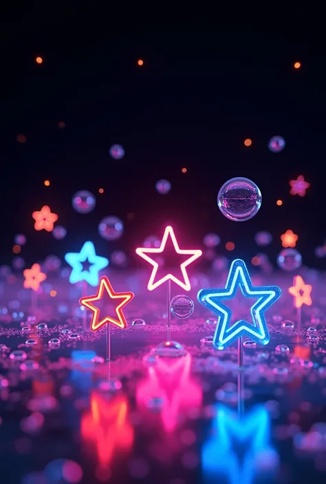 Create an image that is black screen with neon colored bubbles and 4-pointed neon stars as well 