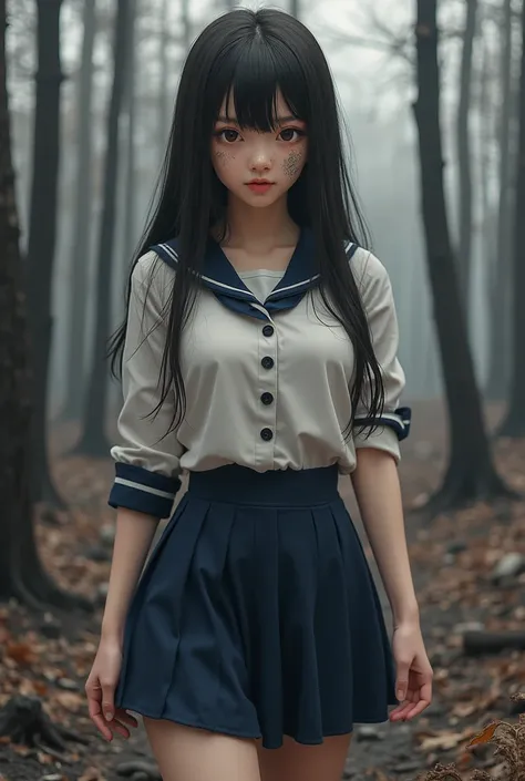 Japanese girl, 18 years old, detailed, masterpiece, beautiful, wearing short navy blue sailor skirt and tight button blouse, ash on face, small breasts, long hair, eye makeup, in a burnt out forest. Coveted in ash from fire.