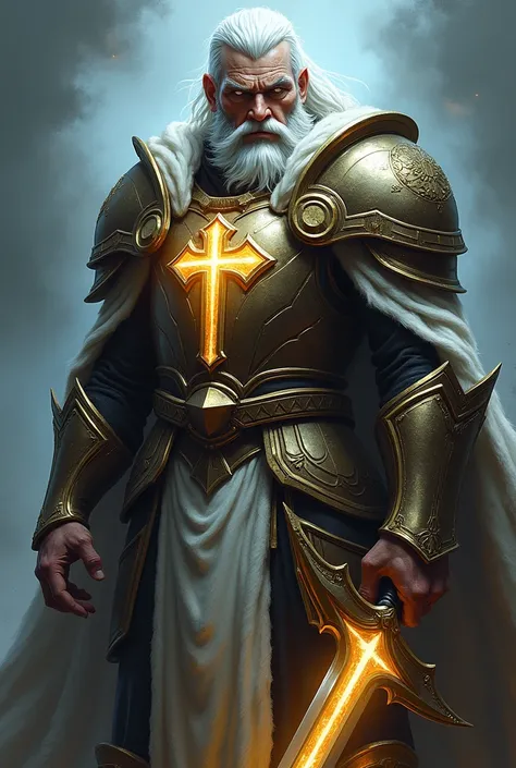 Brutal male person, cross branded across his face, paladin armor, cross on his chest glowing with divine light, sword like a cross in his hands, one eye white, white long hair gathered in a bundle