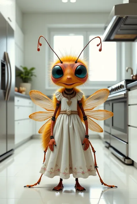 A beautiful multicolour bug wearing a beautiful chef dress and jewellery sitting standing in the middle of the modern white kitchen 