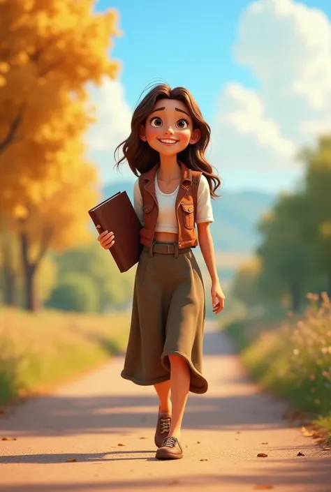  Create 3D Disney Pixar model,  young woman ,  brown hair , Wear evangelical fashion, Do you have a bible in your hand, sweet, funny, extroverted,  Are you walking on a very long road