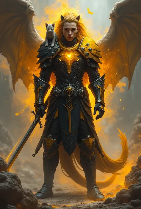 A tall male character with a youthful appearance and black-and-yellow armor with an aura of Red Rays, a lion chimera with dragon wings, shark tail, cub on the characters shoulder, and a medieval weapon, such as a sword or lightning arc. 