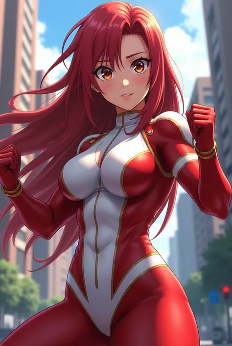 My Hero Academia Style , Anime girl, female, young female ,Full Body Shot,(fighting stance:1.3),Long hair, Red Hair,  Brown Eyes,Hero Suit, Full Body Suit, red suit with white details, perfect anatomy,  （Toughened Abs）,super detailed,(Buildings:1.2）