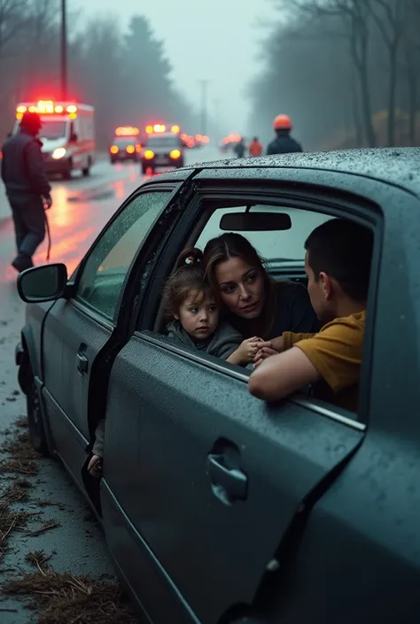 “After a chain-reaction car accident, a vehicle sits on the side of the road, heavily damaged in the front and rear. Inside, a family is shaken; the mother is trying to calm her ren in the backseat, while the father stares outside in shock. Their faces ref...