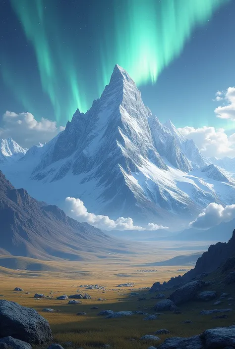  An epic landscape with snow-capped mountains ,  endless steppes and a shimmering aurora borealis in the sky . 