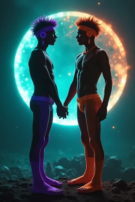 two realistic 16-year-old totally naked nepali punk boys, with black skin,  purple and orange heir punk-style, meeting totally naked  They are  standing holding hands,  in the background a cosmic stargate against a totally dark-blue-green-cyan background. ...