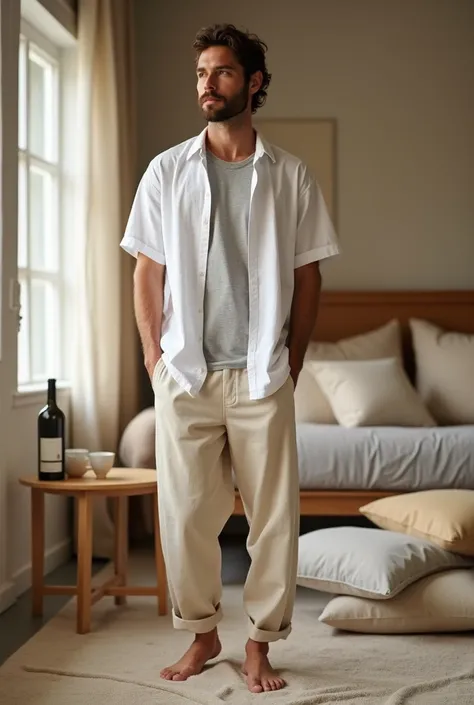 "A super casual outfit with a light tonal palette for a man in a cozy hotel room setting. He wears a white short-sleeved linen shirt, left unbuttoned over a plain light gray T-shirt, paired with soft beige joggers or loose cotton pants for maximum comfort....