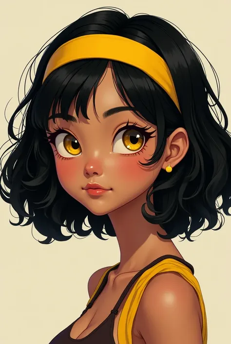 Asian,  mocca brown skin, young, girl, petite, longer short, sporty with black ,very wavy hair, bob cut with yellow, thick hair stripe horizontally around her head, golden eyes, hyper realistic