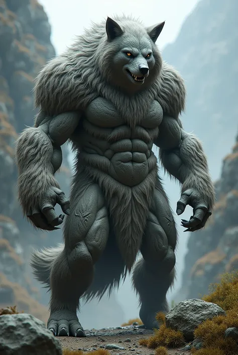 Human but not as strong stone wolf with fur all over its body