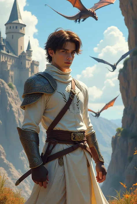 Background of a castle and flying dragons and a 17-year-old teenager with brown hair and brown eyes and white skin warrior costume 