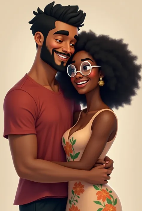 
 Create A loving couple :  The white boy with black eyes ,  black hair , Wavy short ,  with a beard and small mustache , high,  wearing a red shirt and black shorts . 
The black girl  ,  with curly black hair and logo ,  brown eyes ,  wears transparent gl...