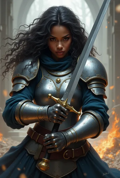 Make a black woman,   she has long curly hair, She is a warrior and has a silver sword that looks Weed., Shes wearing medium armor, Created in Amazon Primes Vox Machina art style&#39;The important role of , Leave it less realistic, Repair her armor, Make i...