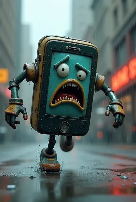 A wet smartphone , with a desperate face on the display , with arms and legs,  running toward a repair shop