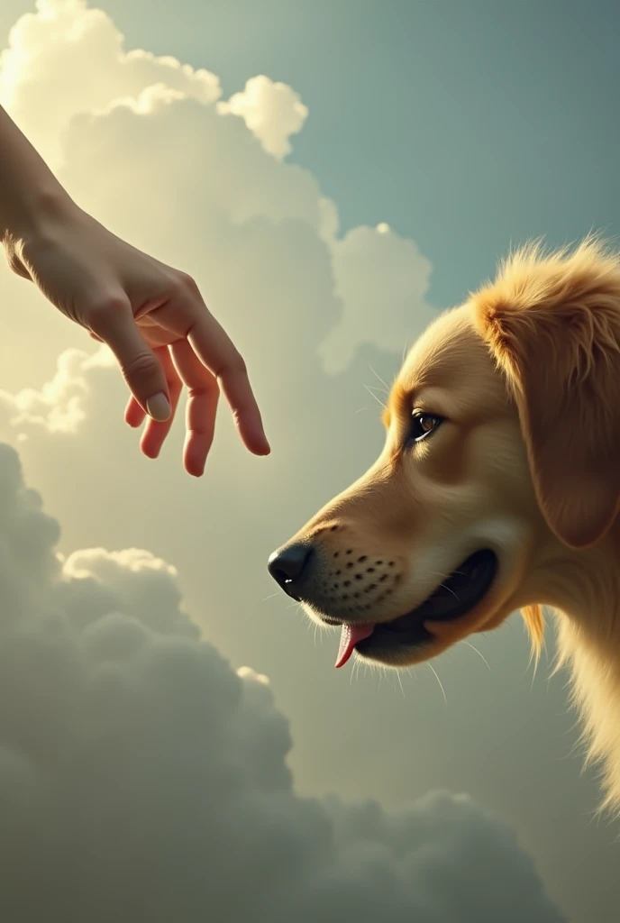 Interaction between a womans finger and a dogs finger almost touching each other like the one in the painting of Gods hand