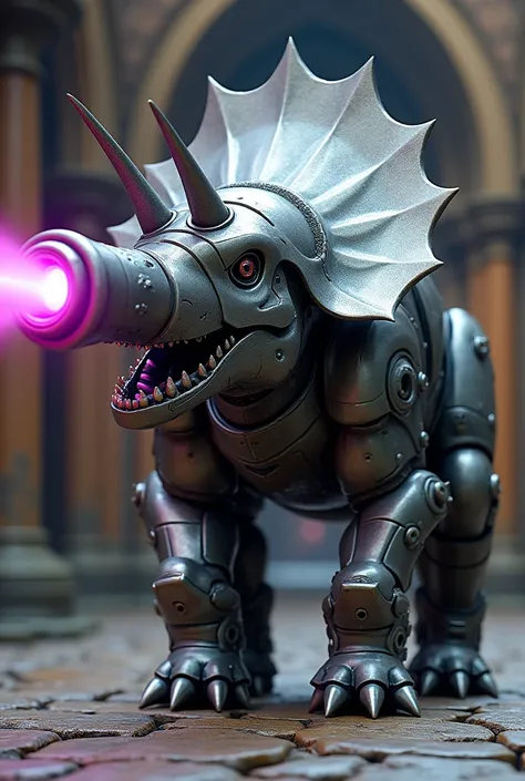  Cannon fusion with triceratops ,  looking like robot triceratops,Castle hall background, fantasy world,There are pink ,  purple energy coming out of the shot, fully made of metal  ,It has no legs ,It looks like a technological cannon 