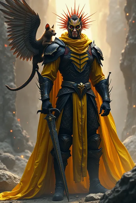 A young looking tall male character wearing a Brazilian mask and cloaked black and yellow armor with an aura of Red Rays, a chimera with the face of a lion with a feather body and with a dragons wings and scaly with a sharks tail and CUB on the characters ...