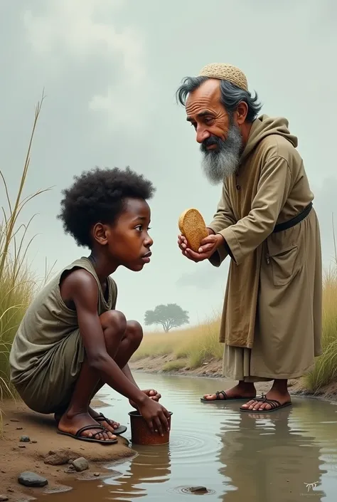 Caricature d’Un enfant africain noir pauvre, vêtu de vêtements usés et déchirés, est accroupi au bord dune rivière, tenant entre ses mains une tasse rouillée. Il plonge la tasse dans leau trouble et non potable de la rivière pour étancher sa soif. Son visa...