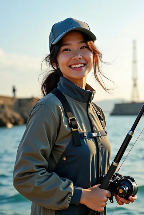  Beautiful vibrant Japanese woman fishing alone ,   with disheveled dark hair   、  ,    and her bright smile radiates joy   .      shes wearing a fishing suit     、 Im wearing a cap ,     I have a fishing rod with a reel attached    ,      The whole scene ...