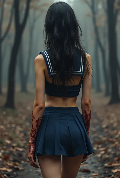 Japanese girl, 18 years old, detailed, masterpiece, incredibly beautiful, thin, fit, covered in ash and blood, small breasts, long hair, eye makeup, in a burned out forest. Wearing a short navy blue sailor kirt, and navy blue crop top. Rear view.