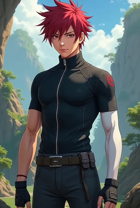  With the features of Naruto create the image of a young man with dark red hair,  he wears a black compression shirt with a silver zipper and short sleeves , On his left arm a black glove ,  and his right arm is completely white from the shirt down ,  he w...