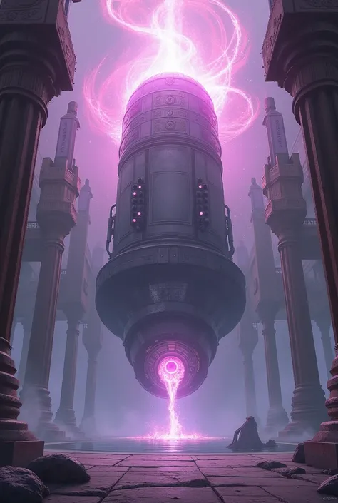 cannon,Castle hall background, fantasy world,There are pink ,  purple energy coming out of the shot, fully made of metal  ,no legs, it looks like a technological cannon ,4 meters high and wide , Open mouth, floating,Is there a cannon concentrating an energ...