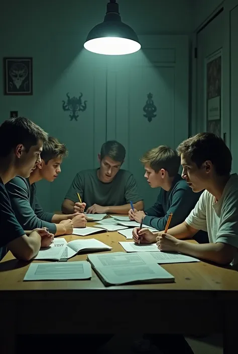 Three young white men and two young white women talking in a bedroom studying books and papers, nightmare, highest definition, highest detail, highest quality 