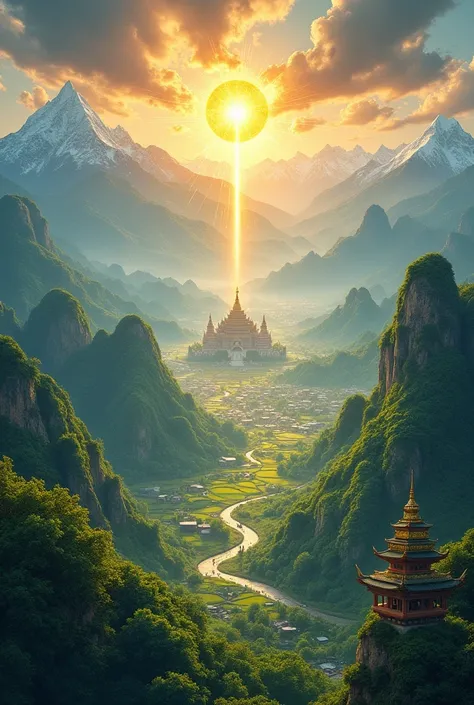 A fascinating panorama ,  that combines the landscapes of Asia :  the snowy mountains of the Himalayas ,  the green rice fields of Southeast Asia ,  the bustling streets of a modern metropolis and the traditional temples and palaces.  The scene is crossed ...