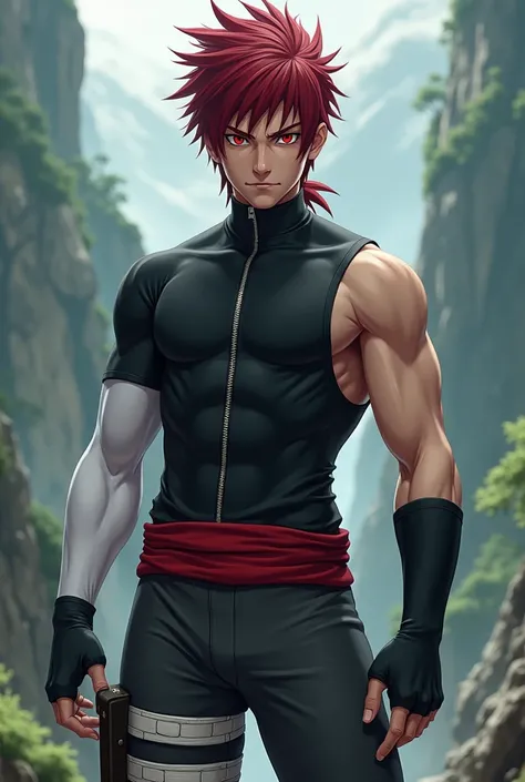  With the features of Naruto create the image of a young man with Sharingan eyes, dark red hair,  he wears a black compression shirt with a silver zipper and short sleeves , On his left arm a black glove , And his right arm is completely white down to the ...