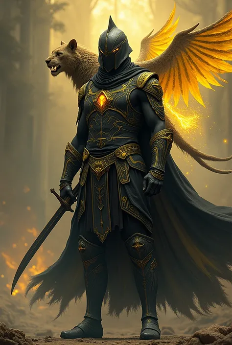 A young looking tall male character with a warrior mask covering the characters face and face and a black and yellow uncaped armor with an aura of red rays and golden water a chimera with a lions face with a feather body and with scaly dragon wings with sh...