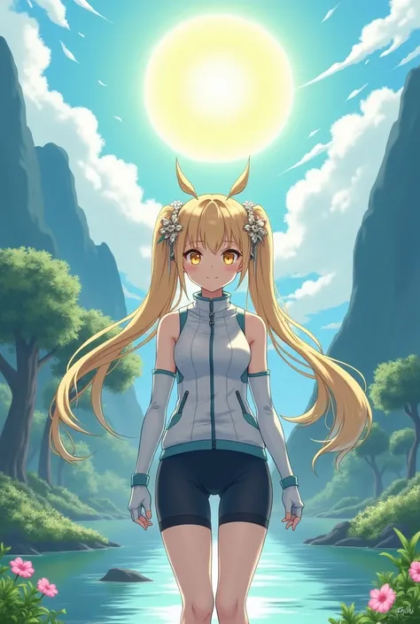 Anime shangri la: masterpiece, Highest Quality, Highest Resolution, perfect background, perfect perspective, sharp image, perfect details, perfect lighting, perfect shadows, Perfect lighting,black outline, 1girl, solo, twin tails, blond hair, hair in betwe...