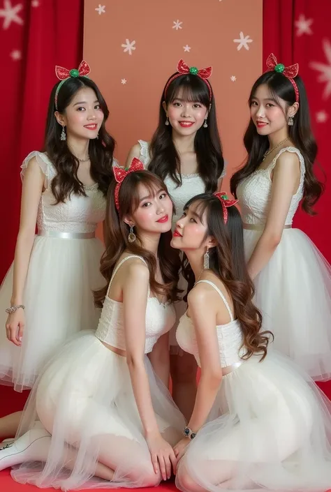 , shows a female K-pop group composed of four members  .  Each of them has a Description of the group of four members :  FOYER :  The four members are dressed in white outfits composed of tulle and lace dresses .  This design gives a sense of purity and el...