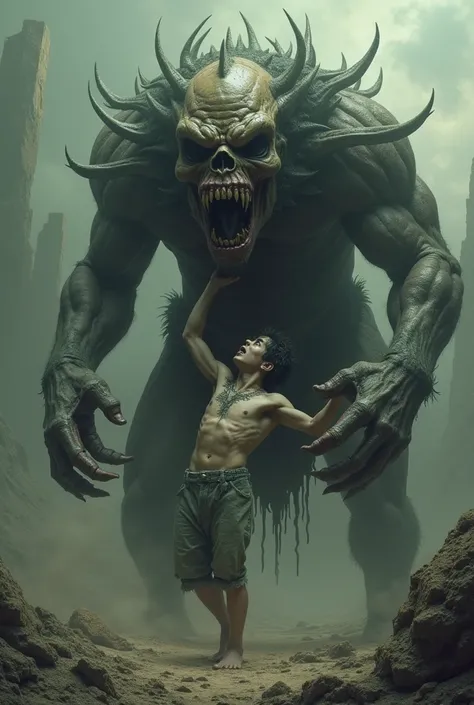 Saturn grotesquely devouring his son with a demonic look on a desolate Lovecraft-themed background, horror 